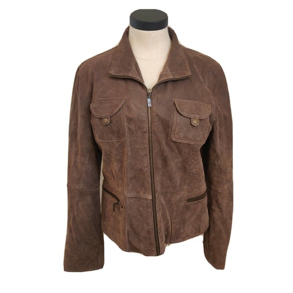Pamela McCoy Jackets & Blazers - Pamela McCoy Women's Leather Jacket Brown Size M Full Zip Collared.